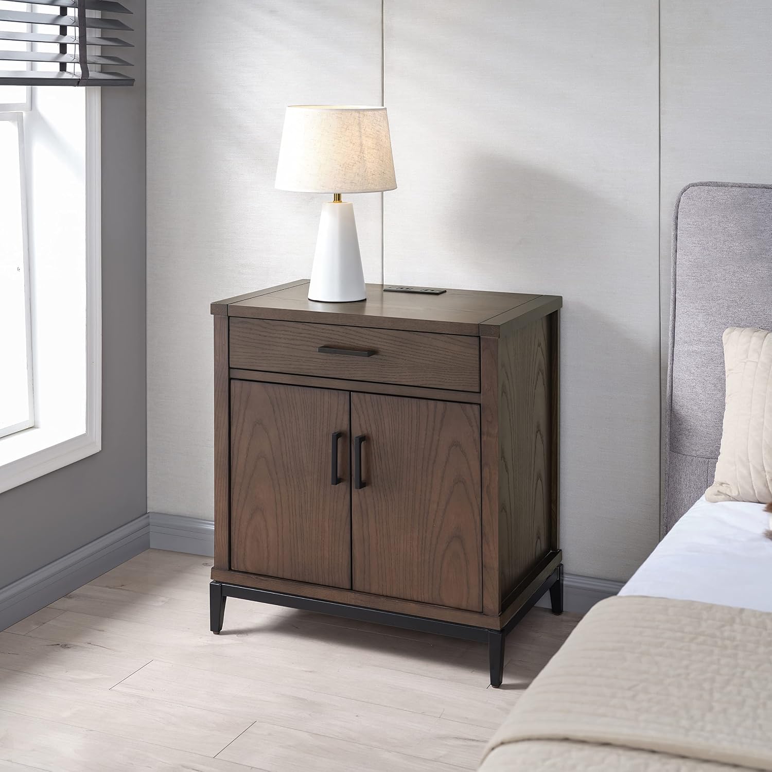 Leick Home Julien Nightstand Side Table One Drawer and Lower Cabinet Traditional – Fast Charging Station – Durable Solid Wood – Living Room, Bedroom, Office, Coffee Bean with Matte Black, 9079-GRMB