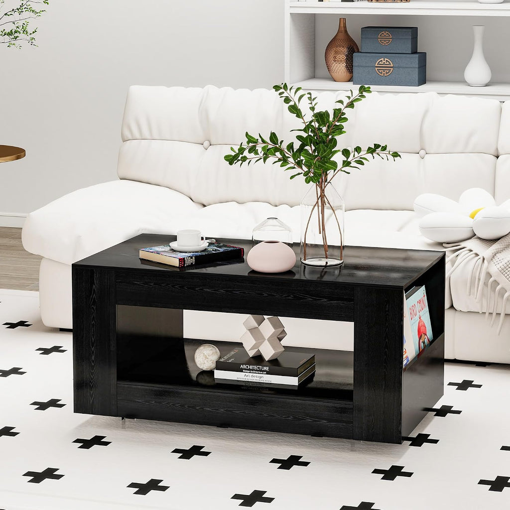 Wood Grain Coffee Table with Open Shelf Storage - High Gloss Modern Cocktail Table for Living Room, Bedroom, Office