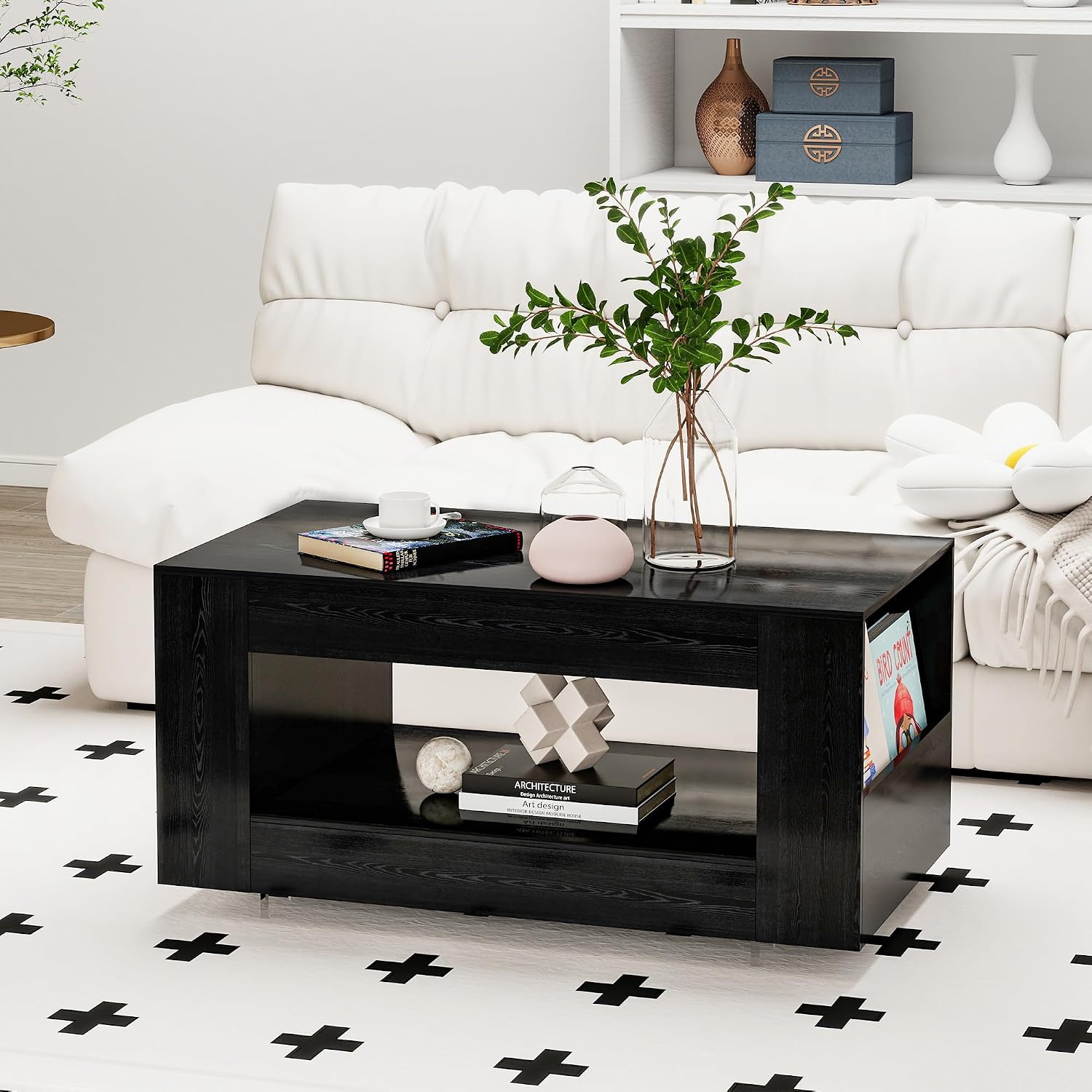 Wood Grain Coffee Table with Open Shelf Storage - High Gloss Modern Cocktail Table for Living Room, Bedroom, Office