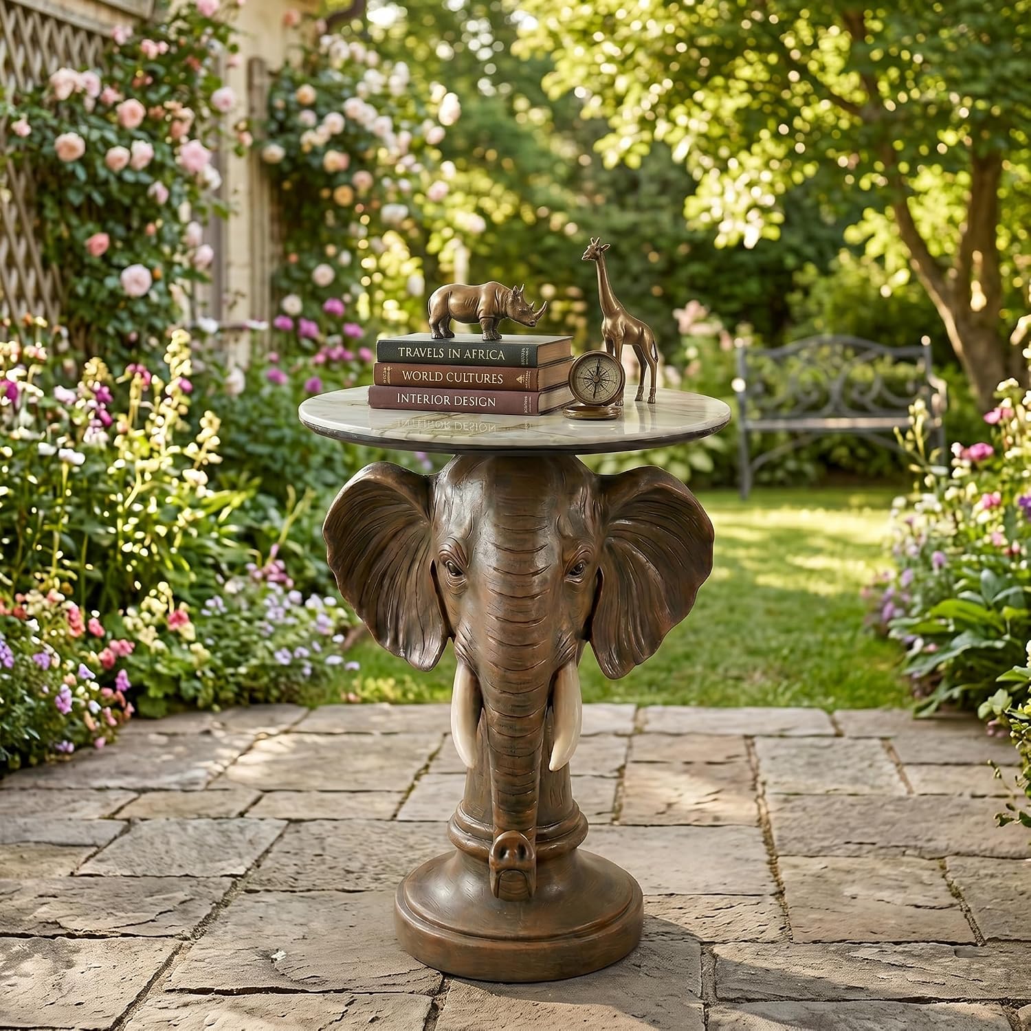 Elephant Sculptural Side Table, 19.69' W x 25.98' H Faux Marble Top, Animal End Table, Unique Accent Table for Living Room,Bedroom, Gift for Housewarming