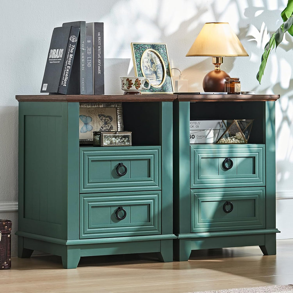 Joaxswe 18' Farmhouse Night Stands Set of 2 with Charging Station, 2 Drawers Bedside End Table, Green Wooden Nightstand, Bed Side Table Cabinet with Open Shelf for Bedroom Living Room Office