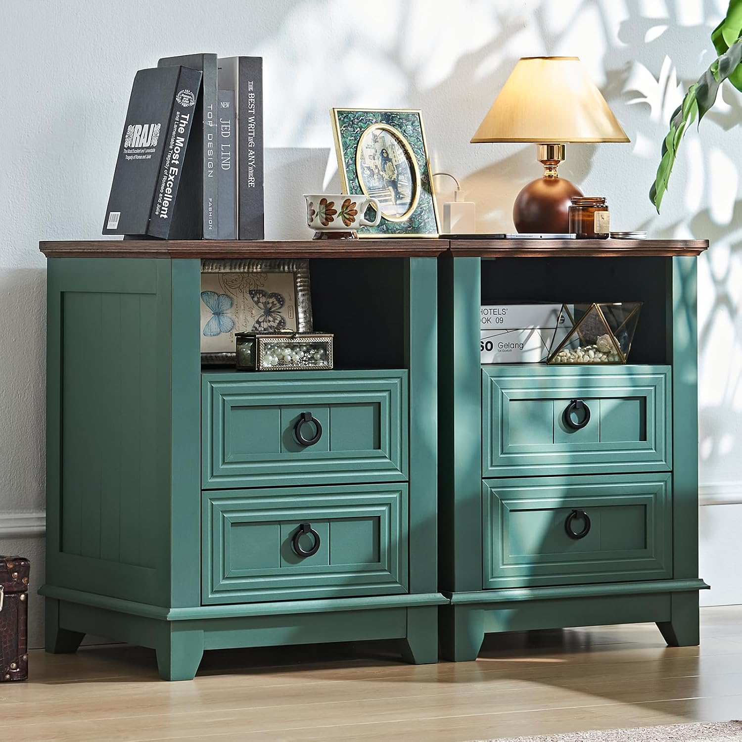 Joaxswe 18' Farmhouse Night Stands Set of 2 with Charging Station, 2 Drawers Bedside End Table, Green Wooden Nightstand, Bed Side Table Cabinet with Open Shelf for Bedroom Living Room Office