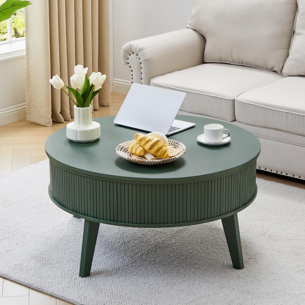 Round Lift Top Coffee Table with Storage, 35.4'' Fluted Wood Center Table Mid Century Modern Coffee Table with Lifting Top for Living Room, Office, Small Space Green
