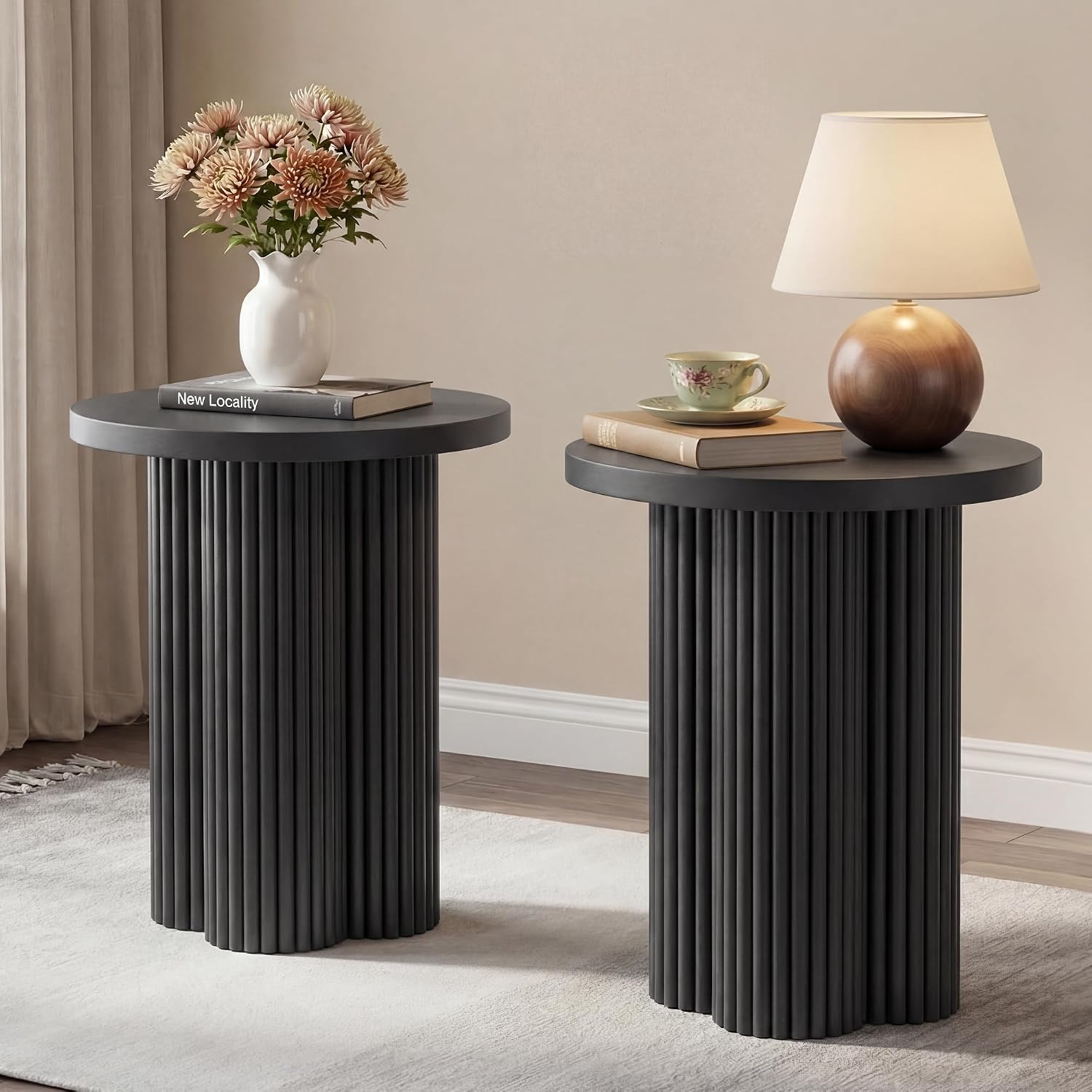 Small Sofa Side Table Set of 2, Fluted Accent Pedestal End Table, Wood Round Night Stand, Farmhouse Bed Side Table Drink Tables for Living Room, Small Spaces (Black-2PCS)