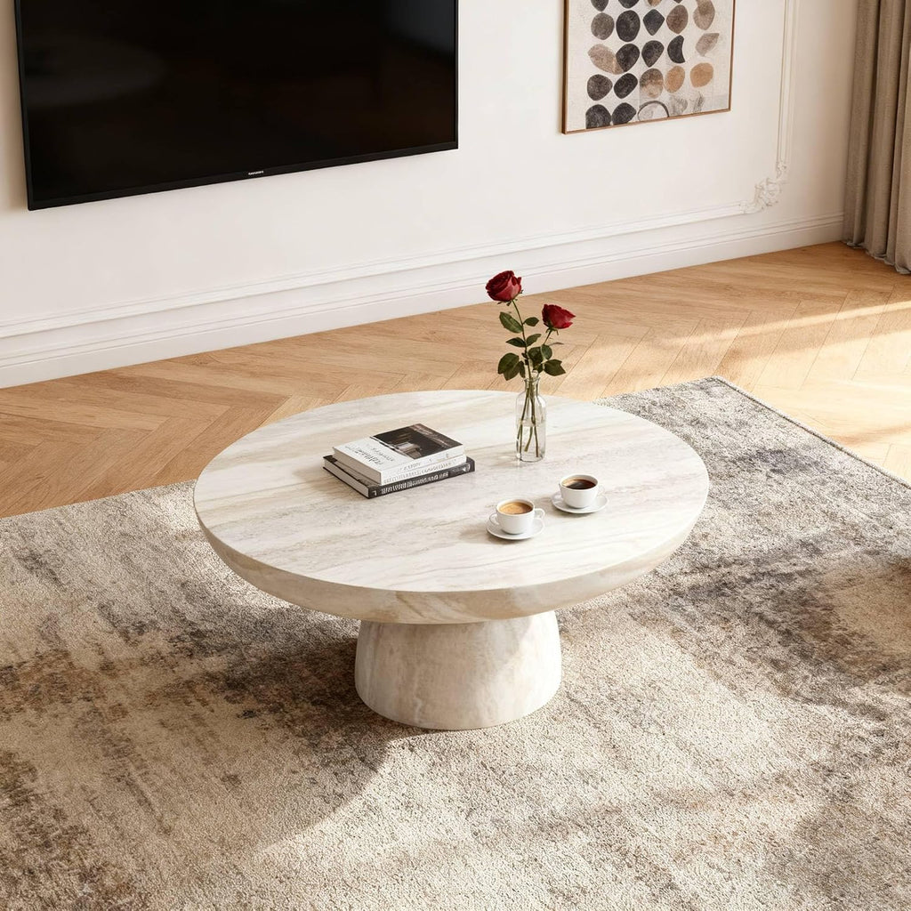 31.5' Round Coffee Table with Round Pedestal, Fiberglass Faux Marble Tabletop for Living Room, Modern Circle Center Table Tea Table for Apartment, Office, Beige Mars Pattern