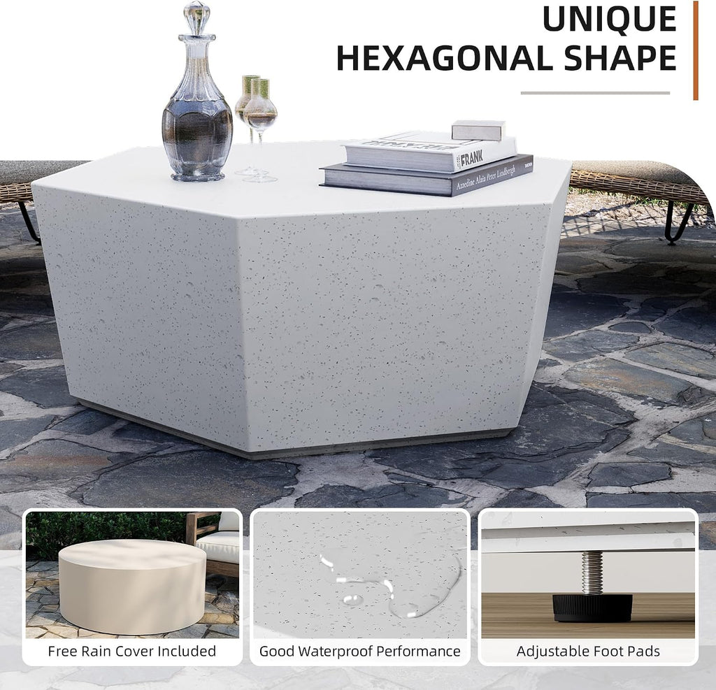 UPHA 35' Hexagon Outdoor Coffee Table, Modern Hollow Concrete Patio Table, Small Minimalist Low Accent Table for Living Room, Balcony, Deck, Backyard, Off-White