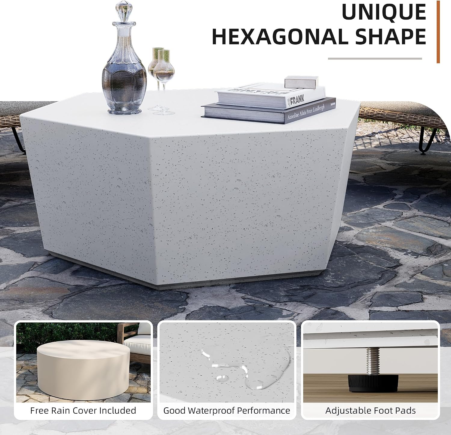 UPHA 35' Hexagon Outdoor Coffee Table, Modern Hollow Concrete Patio Table, Small Minimalist Low Accent Table for Living Room, Balcony, Deck, Backyard, Off-White