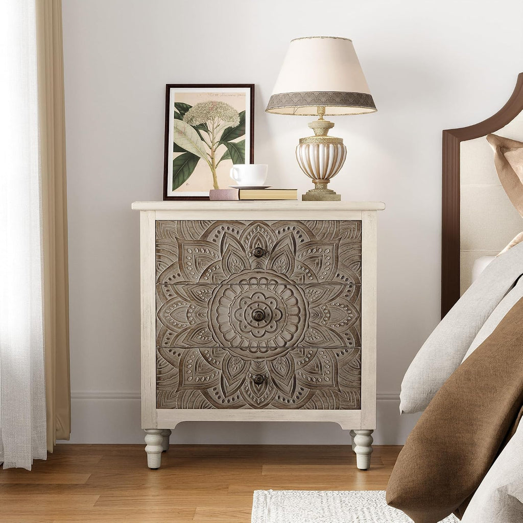 COSIEST 3 Drawers Nightstand, Accent Dresser, 29'' Tall Wood Vintage Small Accent Chest, Bedside Table,Bedroom Furniture for Home, Entryway (Lotus Pattern)