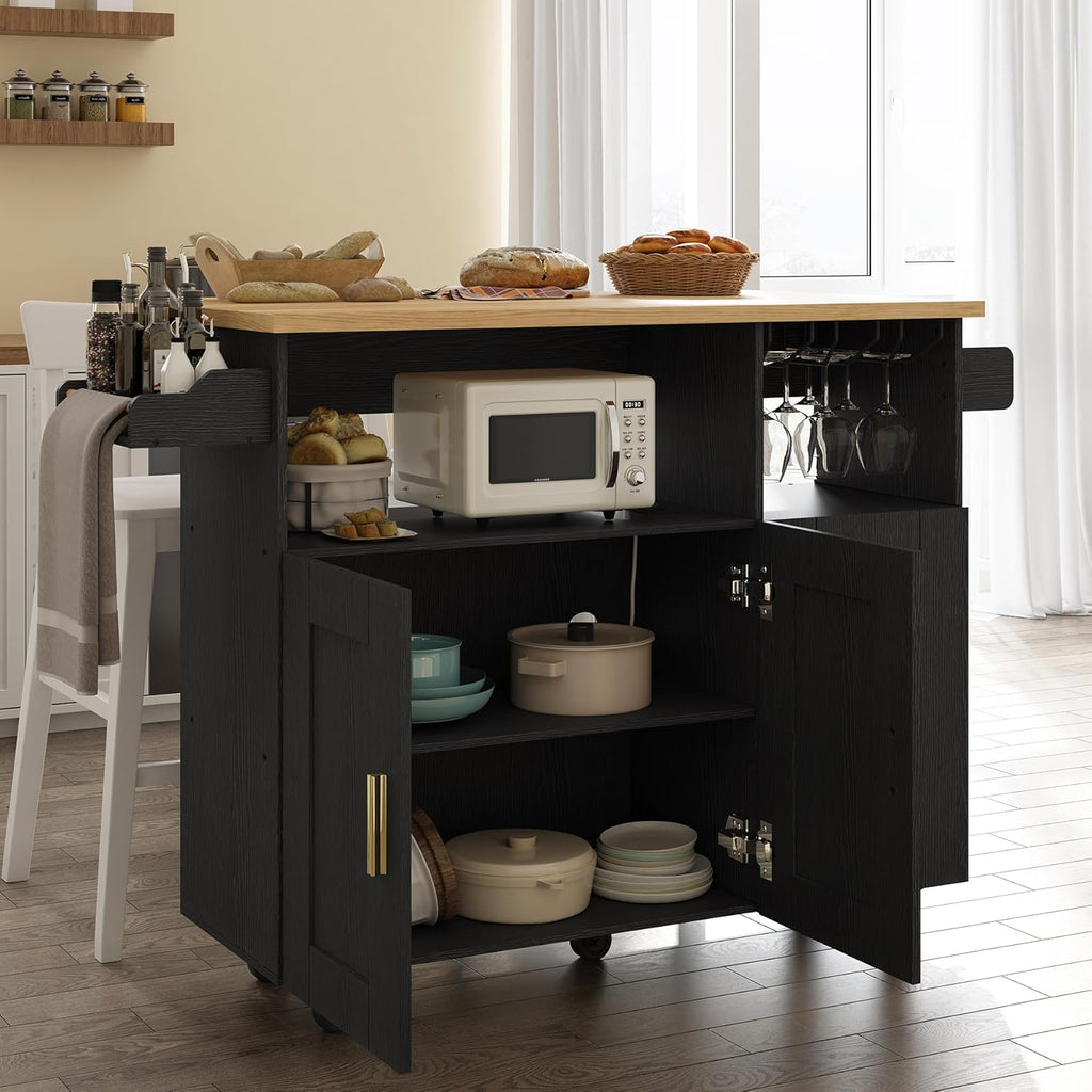 ASTRONAPE Rolling Mobile Kitchen Island with Storage and Drop Leaf, Island Table with Countertop Power Socket and Wheel (Black, Model 1.2)