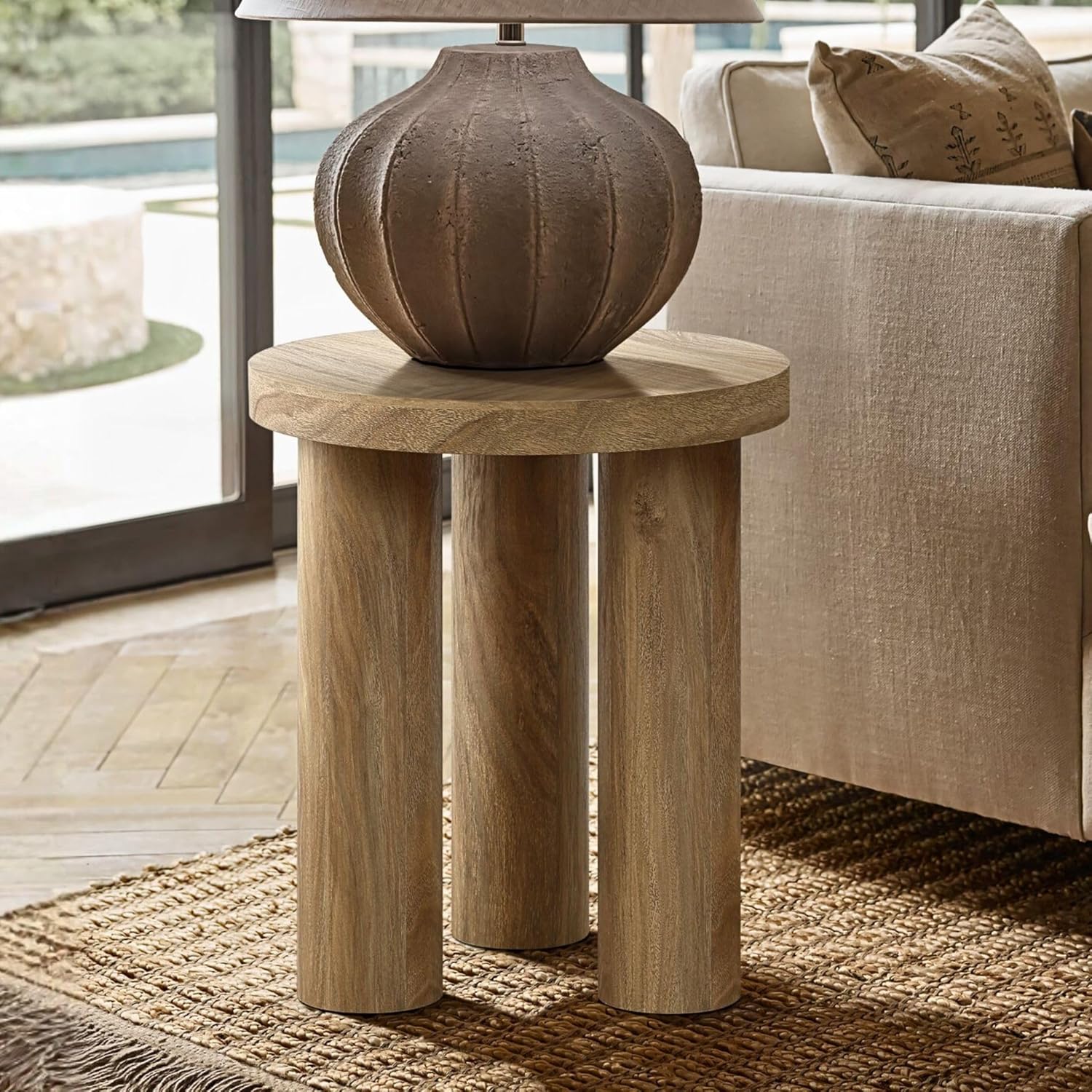 LuxenHome Round Side Table, 19' Tall End Table with 3 Pillar Legs, Modern Farmhouse Dark Oak Finish Wooden Couch Side Tables, Accent Table for Living Room, Bedroom