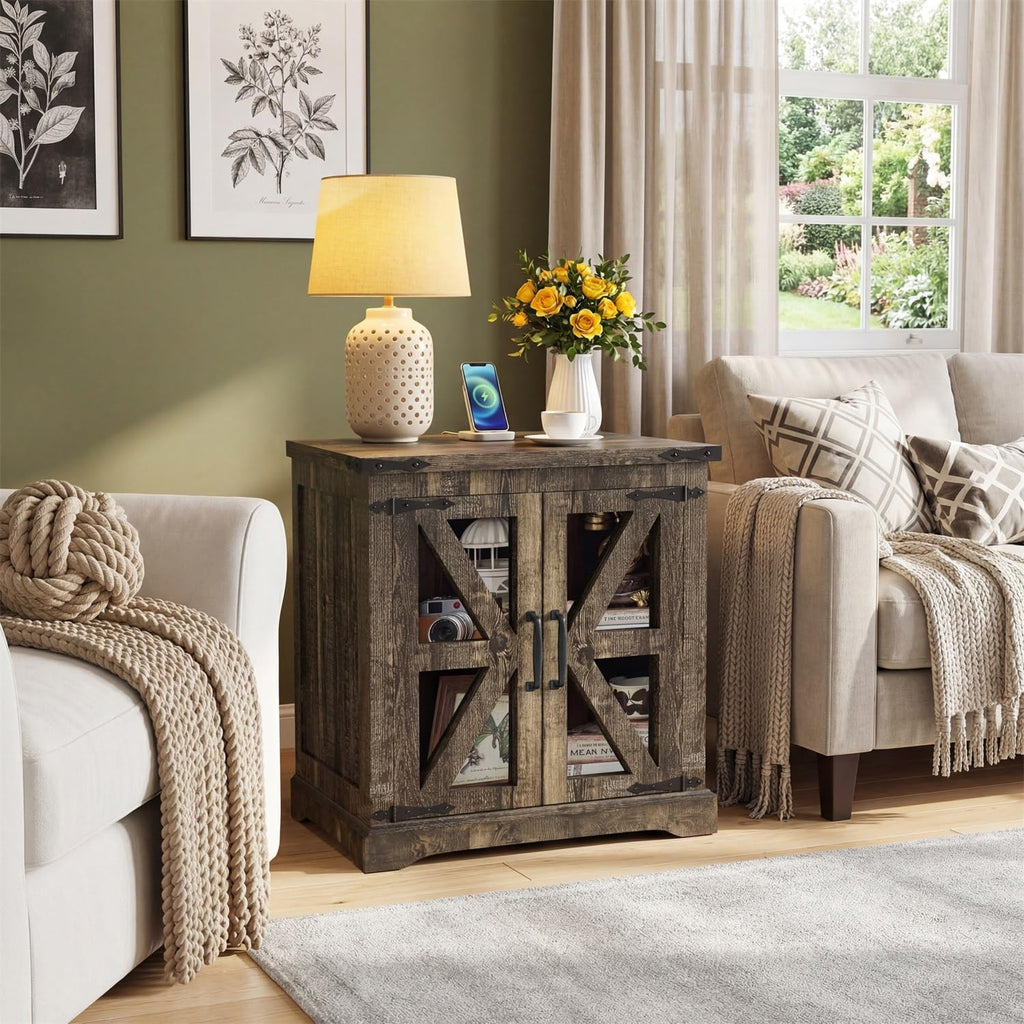 Farmhouse End Table, 24' Large End Tables with Storage, Rustic Square Sofa Beside Table with Glass Barn Door, Wood Side Table Square Nightstand for Living Room, Bedroom, Office (Antique Finish)