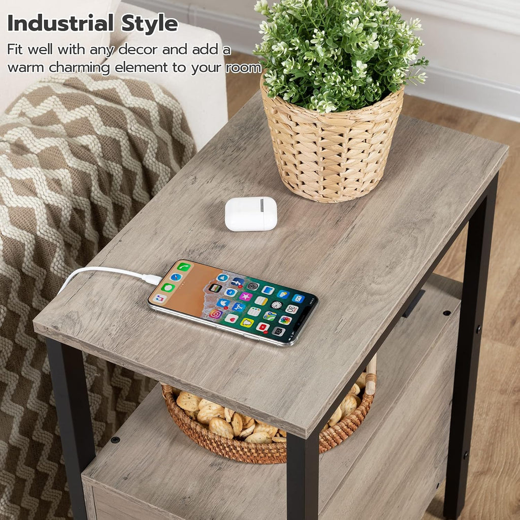 HOOBRO Set of 2 End Tables with Charging Station, Narrow Side Table with Drawers & USB Port & Power Outlets, Nightstand for Small Spaces, Living Room, Stable, Greige and Black BG541BZP201