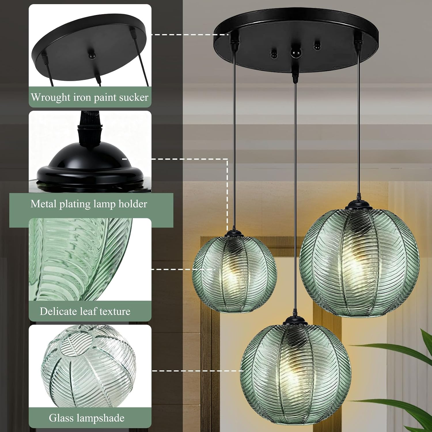 GCQ 3 in 1 Large Glass Pendant Light Fixtures, Green E26 E27 Chandelier Mid Century Modern Chandelier Ribbed Blown Glass Globe Shade Hanging Light Ceiling Light for Living Room Restaurant Bar