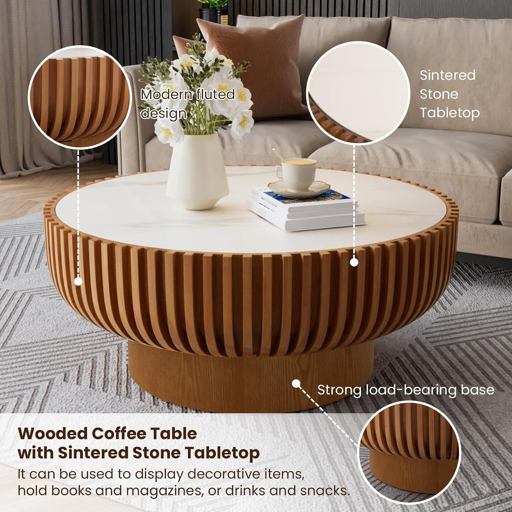 Fluted Round Coffee Table, 31.5' Drum Coffee Table with Sintered Stone Tabletop, Modern Wood Circle Center Table for Living Room Apartment, Easy Assembly (31.5' Sintered Stone Tabletop)