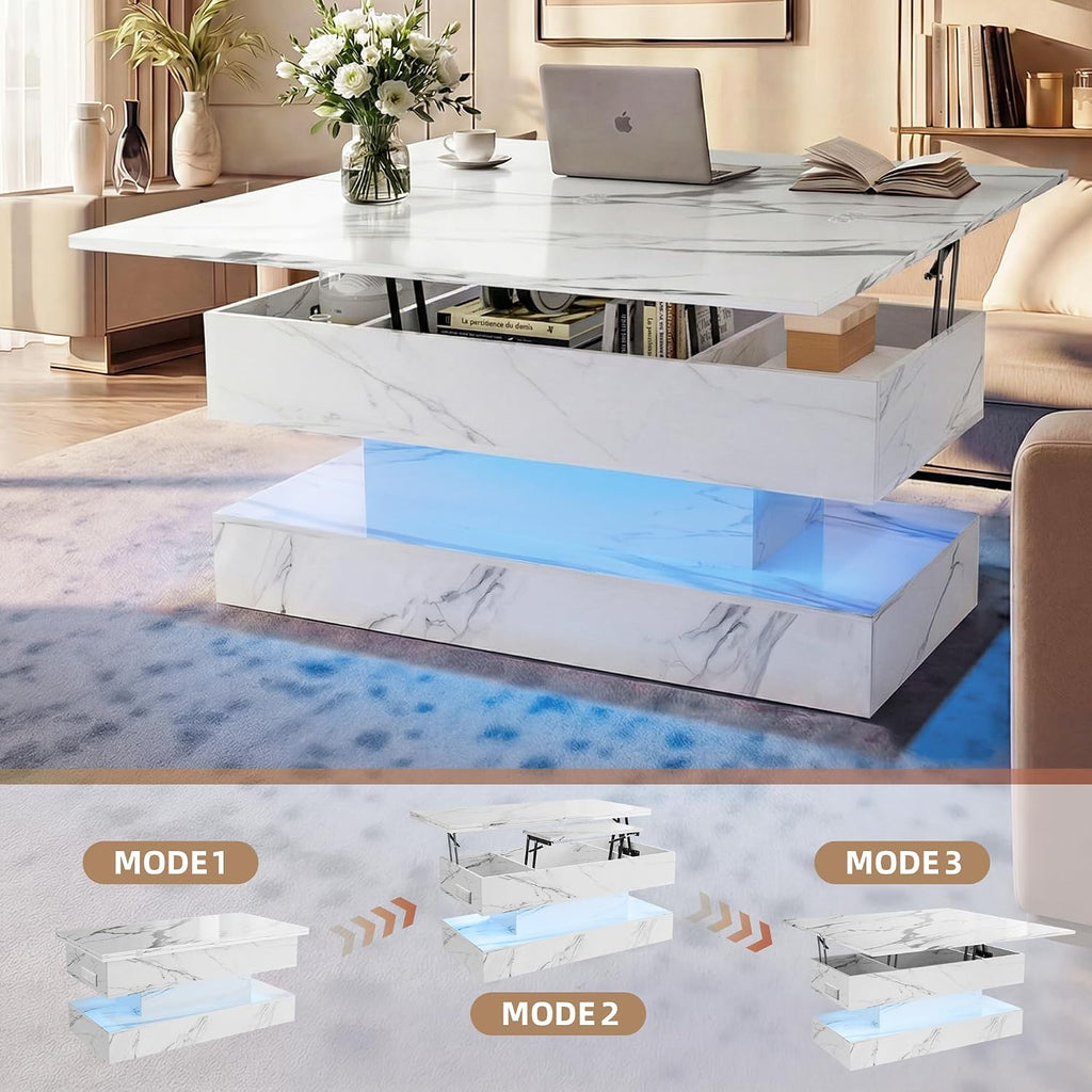 40' Lift Top Coffee Table, 4‑in‑1 Multi-Function Convertible Workstation Table with Storage & Charging Station, Modern Faux Marble Design for Living Room & Small Spaces, White