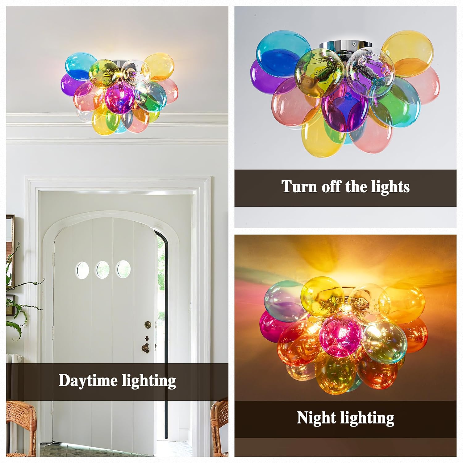 Semi Flush Mount Bubble Chandelier,Close to Ceiling Light Fixtures,16' Modern Bubble Balloon Glass Chandelier with Colorful Globe Glass Shades Pendant Light (Colorful Ceiling, 16 inch)