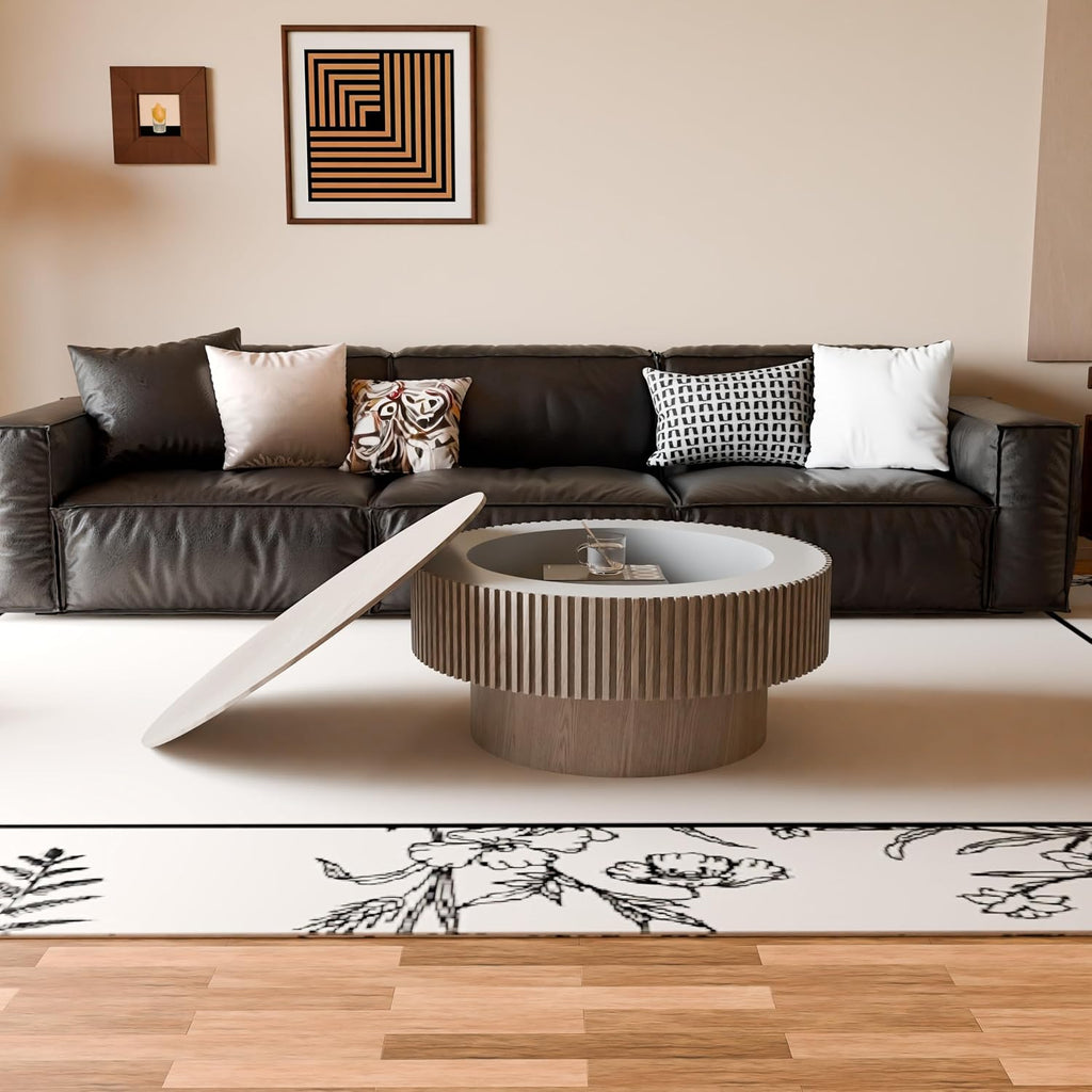 31.5'' Round Coffee Table with Storage, Modern Luxury Circle Drum Center Tables with Solid Wood Veneered, Accent Side Coffee Table for Living Room, Bedroom, Apartment-Grey