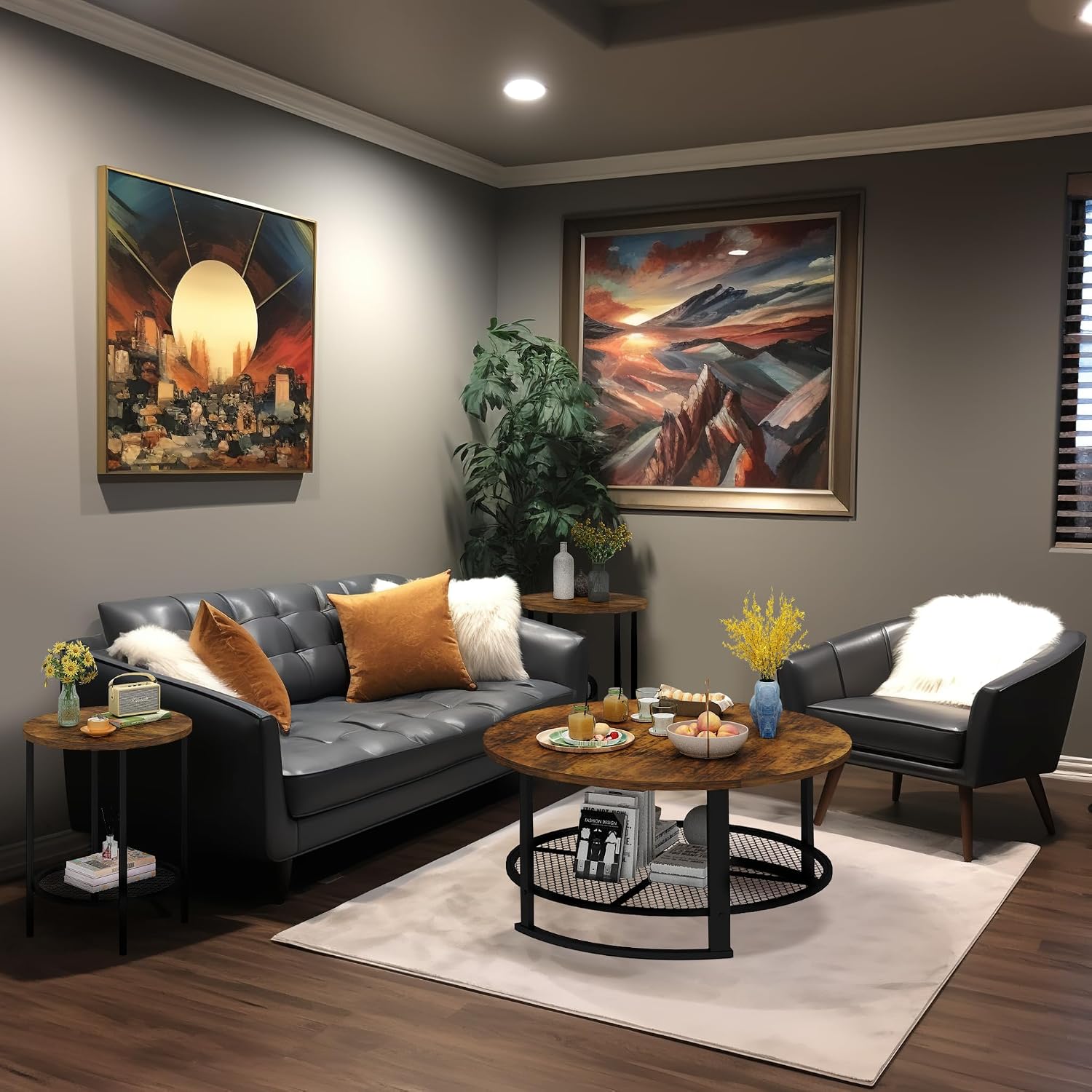 Recaceik Round Coffee Table and End Table Set of 3 with Storage, Modern Vintage Dark Brown Coffee Table and Side Table for Living Room, Office, Apartment, Small Space