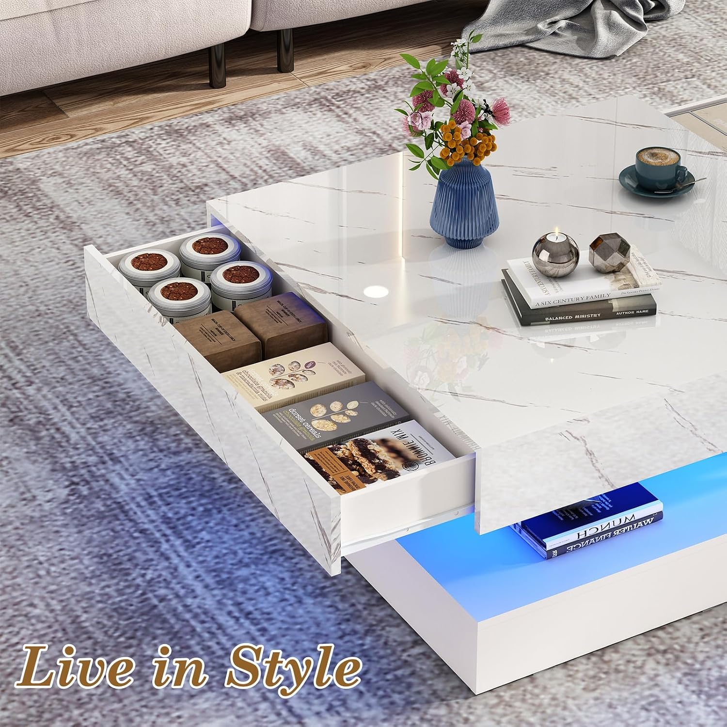 jiteentarou 33.9 Inch Modern LED Coffee Table with Storage - High Gloss Black Square Center Table with 2 Drawers, Double-Layer Design for Living Room, Home Office Furniture,White Marble