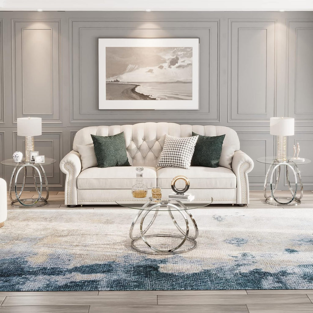 O&K FURNITURE Silver Coffee Table, Modern Glass Coffee Table Living Room Table with Ring-Shaped Frames, Glass Coffee Table for Home&Office, Chrome Finish, 1 PC | Modern