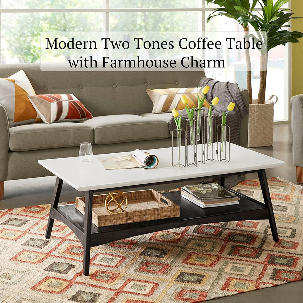 Madison Park Coffee Table with Storage Shelf, Rectangular Table for Living Room, Solid Wood Frame & Legs Accent Furniture for Living Room, Minimalist Décor - 48' W x 24' D x 17' H Off-White/Black