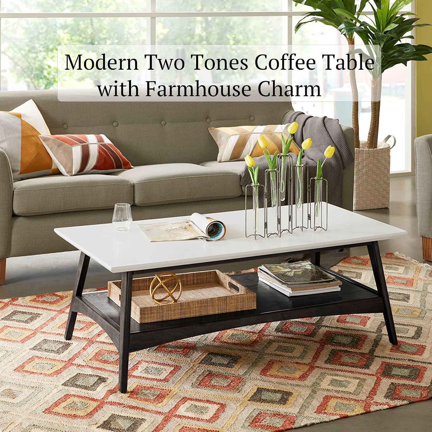 Madison Park Coffee Table with Storage Shelf, Rectangular Table for Living Room, Solid Wood Frame & Legs Accent Furniture for Living Room, Minimalist Décor - 48' W x 24' D x 17' H Off-White/Black