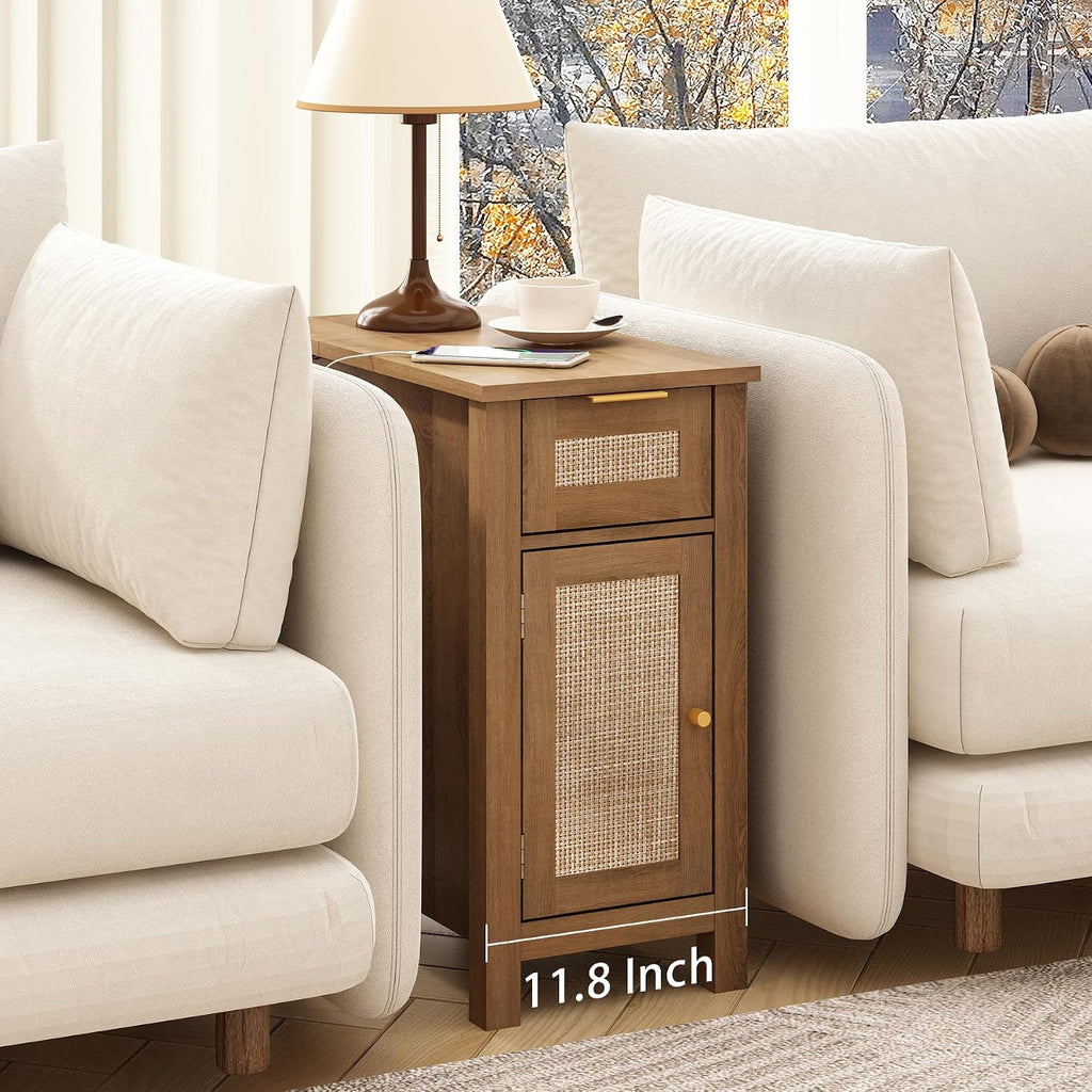 Narrow End Table with Charging Station - Midcentury Rattan Slim Side Table with USB Ports and Power Outlets, Nightstand with Flip Top and Storage Drawer, for Small Spaces Living Room Bedroom, Set of 2