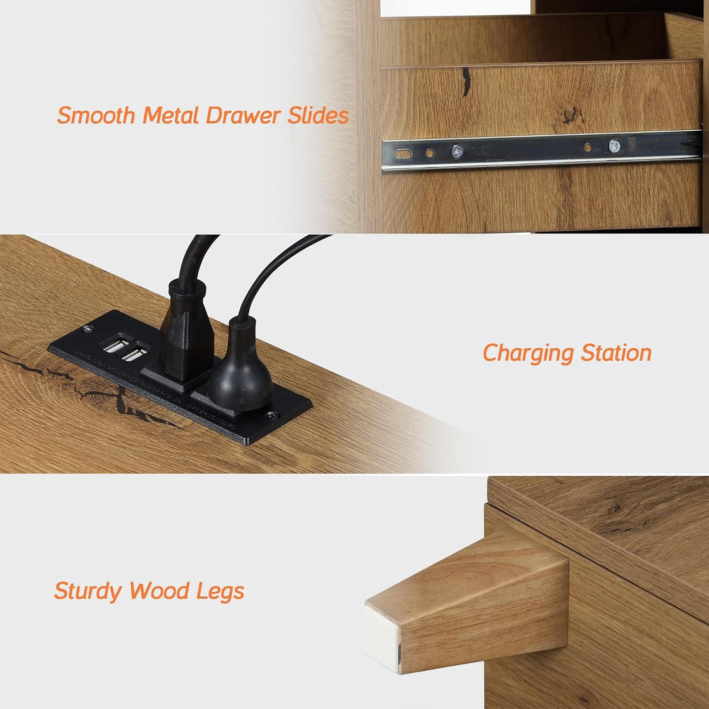 WAMPAT Nightstands with Charging Station & 2 Drawers for Bedroom, Modern End Tables Farmhouse Wood Bedside Table with 2 AC Outlets & USB Ports for Living Room, Oak Brown