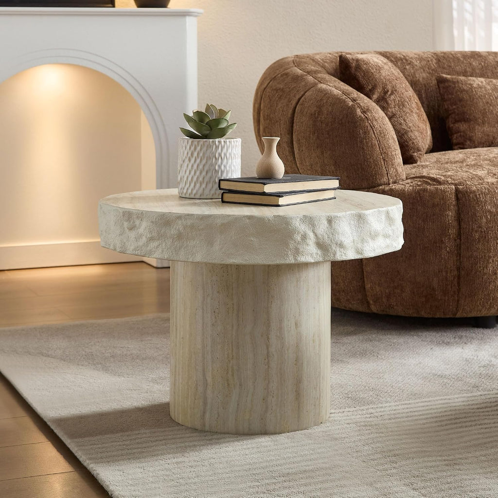 23.82' Round Side Table Small Coffee Table Faux Marble Pattern End Table Cement Stone Sofa Side Table for Living Room Apartment No Assembly