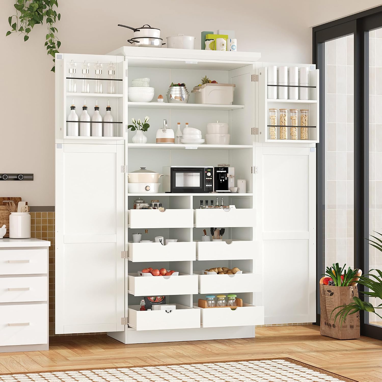 Merax 35.5x17.6x70.9 inches Freestanding Kitchen Pantry Cabinet, Tall Storage Cabinet with 4 Doors, 2 Door Shelves, 8 Pull-Out Trays and Adjustable Shelf for Dining Room, White