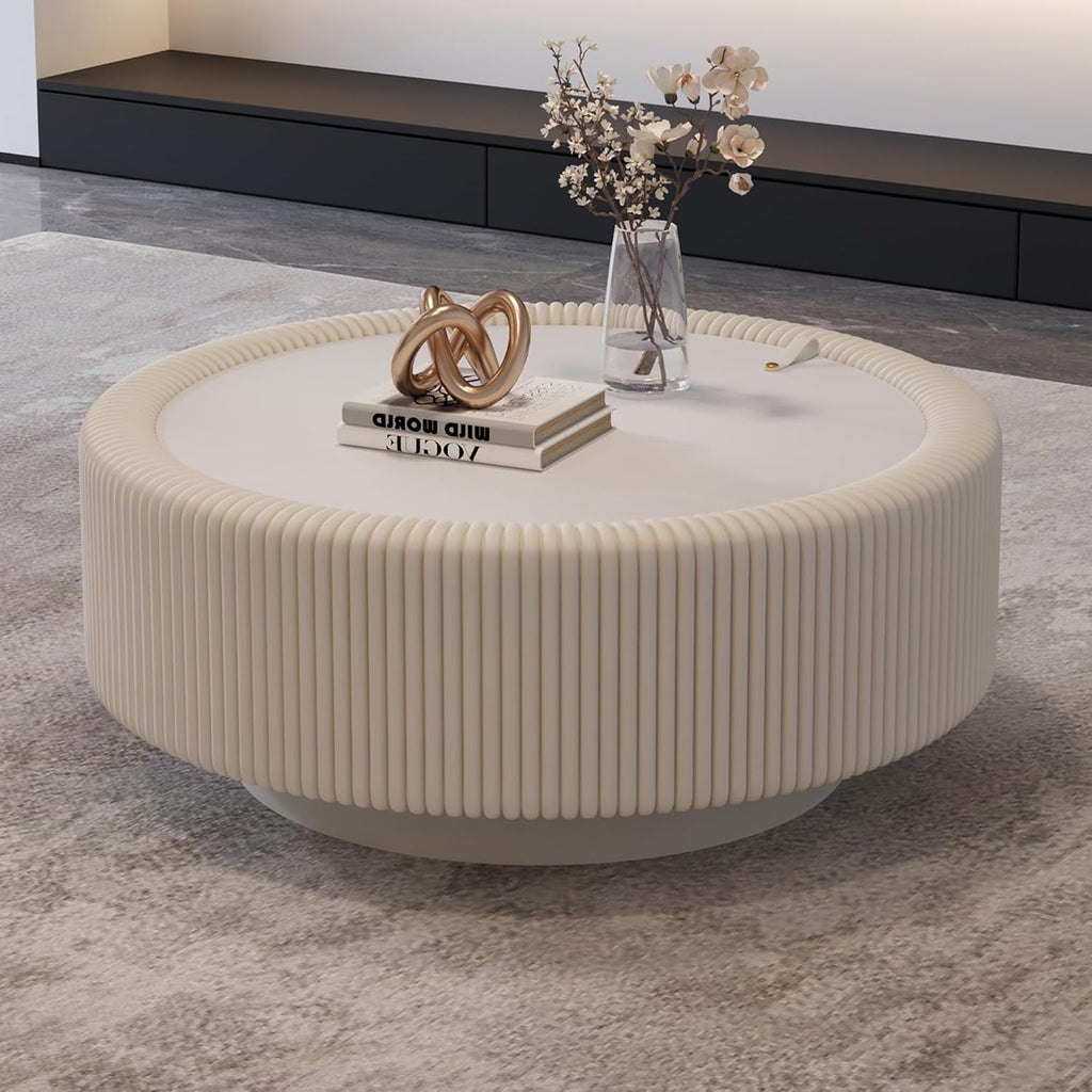 31.5' White Round Coffee Table with Storage, Tempered Glass Top PU Leather Body & Baked Enamel Base, Modern Minimalist Fluted Circle Center Tables for or Living Room, Bedroom, Apartment