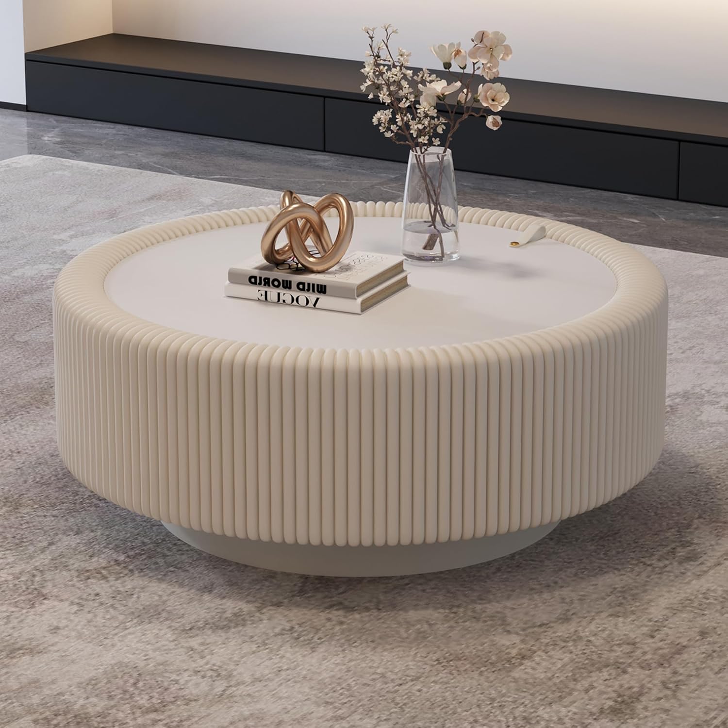 31.5' White Round Coffee Table with Storage, Tempered Glass Top PU Leather Body & Baked Enamel Base, Modern Minimalist Fluted Circle Center Tables for or Living Room, Bedroom, Apartment