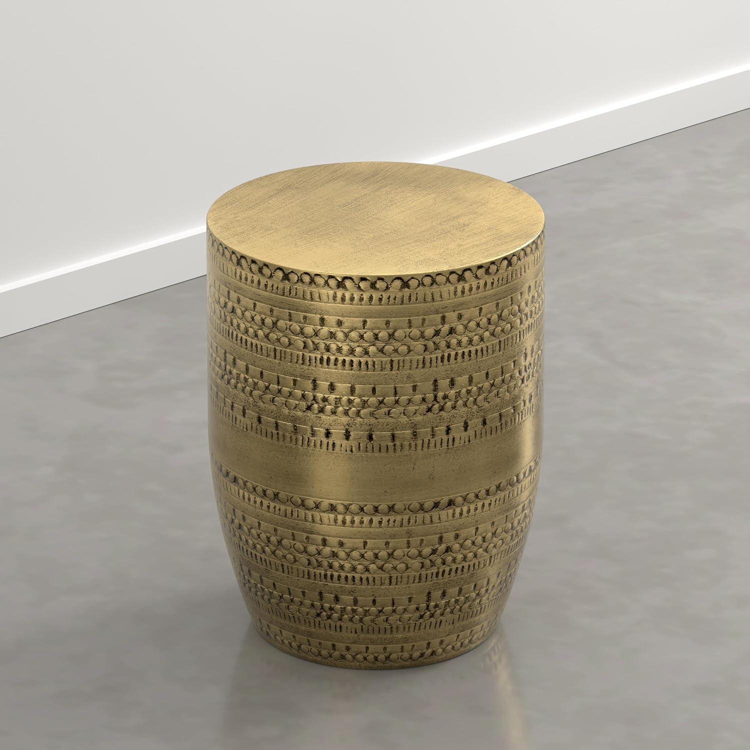SIMPLIHOME Johnsen Tribal Accent Table – 15 inch Wide Round Metal Drum Table in Burnished Gold, Boho Modern Side Table for Living Room with Embossed Tribal Pattern, Assembled