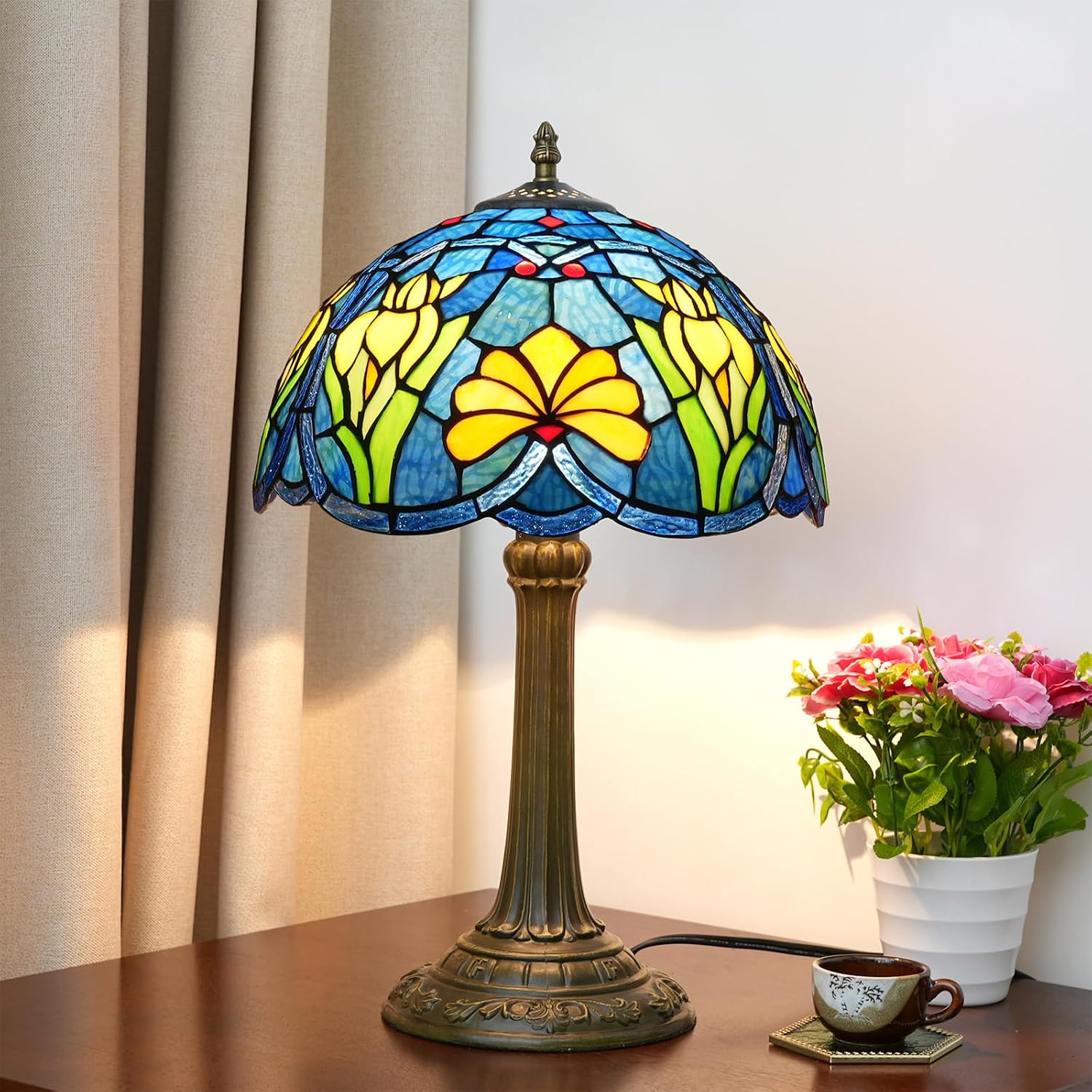 Tulip Lamp Shade Replacement, 12 Inch Yellow Tulip Blue Green Stained Glass Lampshade for Table Lamp, Floor Lamp, Bedside Lamp, Ceiling Light,