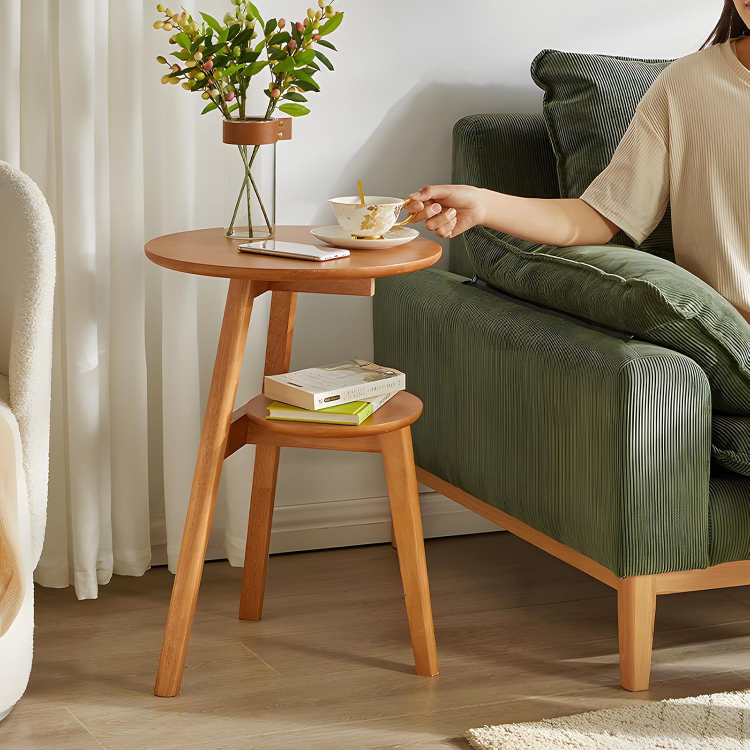 Side Table, 2-Tier Round End Tables Living Room, Mid Century Modern Side Table, Round Nightstand, Oak Accent Table, Small Round Coffee Table, 16.54' Dia.x 23.62' H(Natural)