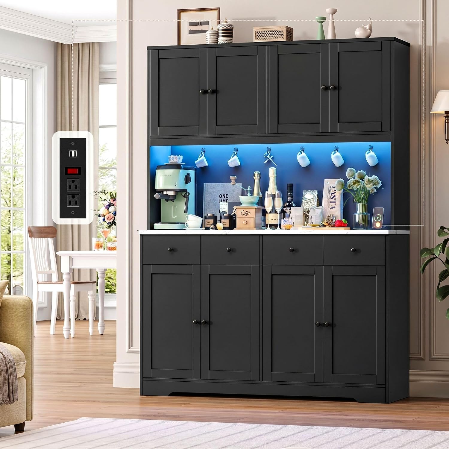 HIFIT 72' LED Kitchen Pantry Cabinet with Power Outlet & Cup Hook, Tall Kitchen Hutch Storage Cabinets w/Marble-Patterned Countertop Microwave Stand, Food Pantry w/Door for Dining Living Room, Black