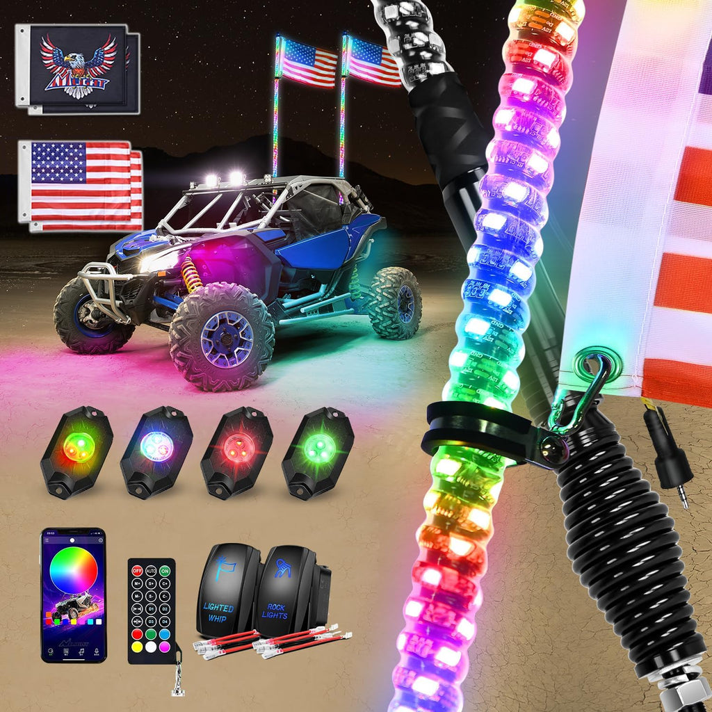 Nilight 2PCS 4FT RGB LED Whip Light with Spring Base and 4 PCS Rock Lights Combo, Remote App Control w/DIY Chasing Patterns Turn Signal Brake Reverse Antenna Lighted Whips for ATV UTV Polaris RZR Jeep