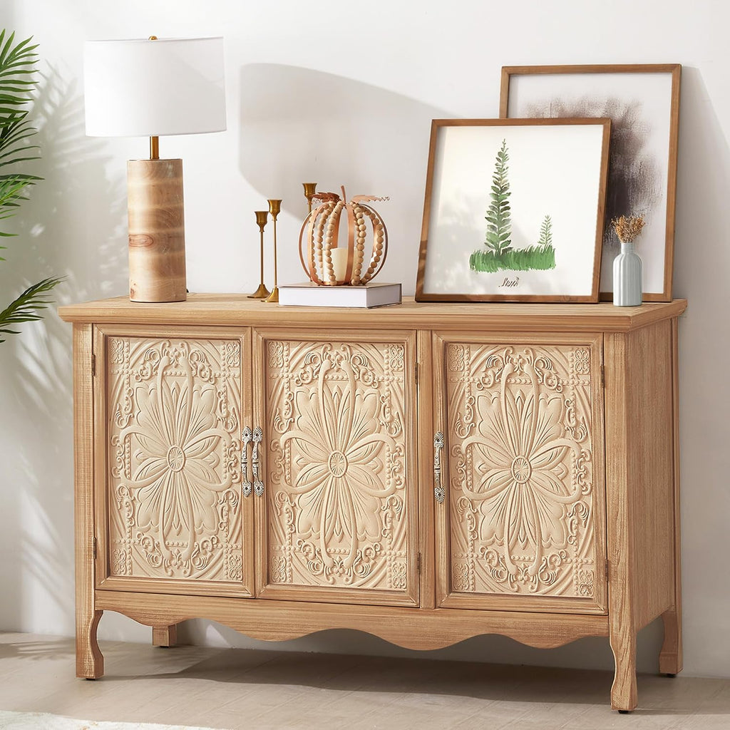 RoyalCraft Buffet Cabinet with Storage, Vintage Solid Wood Sideboard with 3 Carved Doors, Painted Coffee Bar Console Table for Dining Room, Living Room, Kitchen, Distressed Black