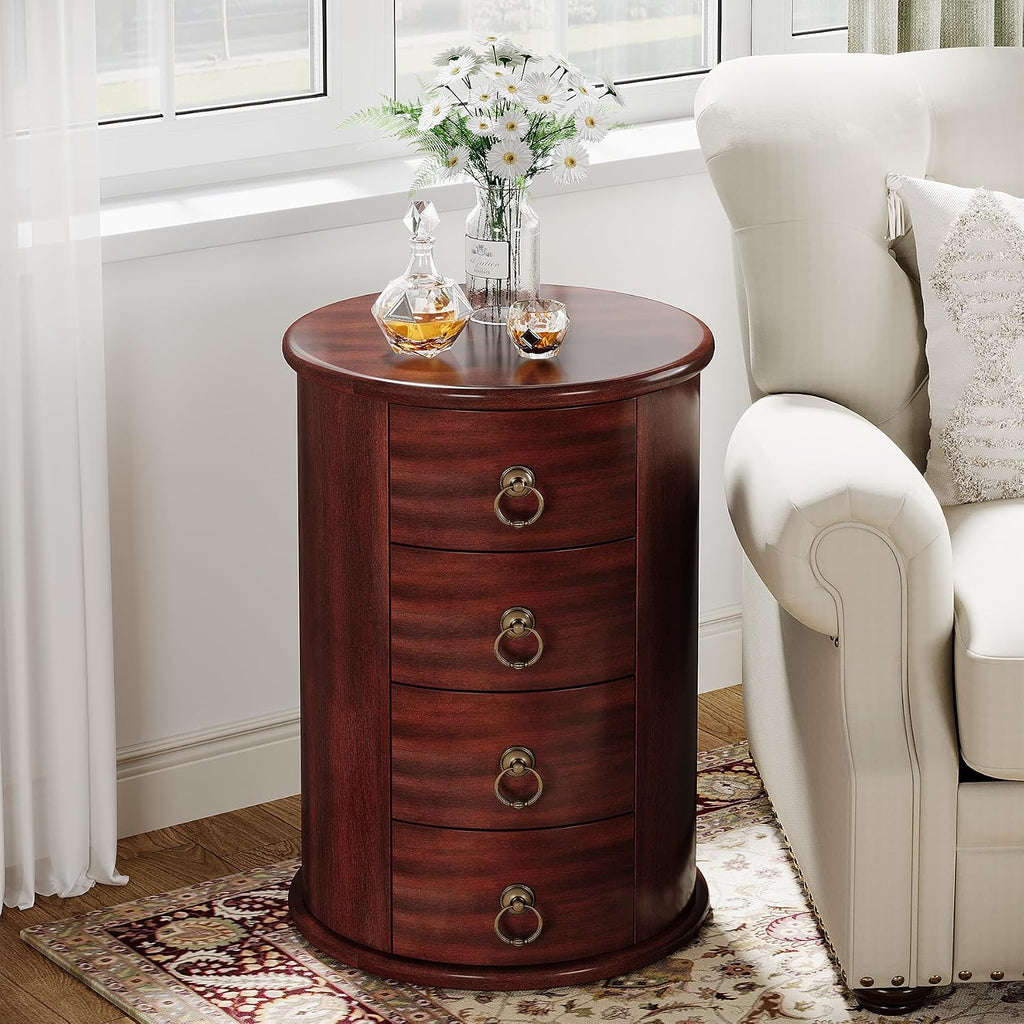 Tribesigns Solid Wood End Table, Round Side Table with 4 Drawers, Vintage Bedside Table Nightstand for Small Spaces, Living Room, Bedroom, No Assembly Required (1, Cherry Brown)