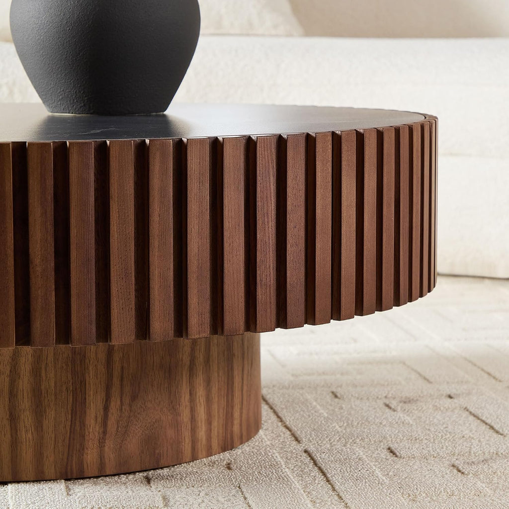 Round Coffee Table 35.43'' Circle Sintered Stone Tabletop Modern Wood Fluted Coffee Table for Living Room Apartment, Easy Assembly, Walnut