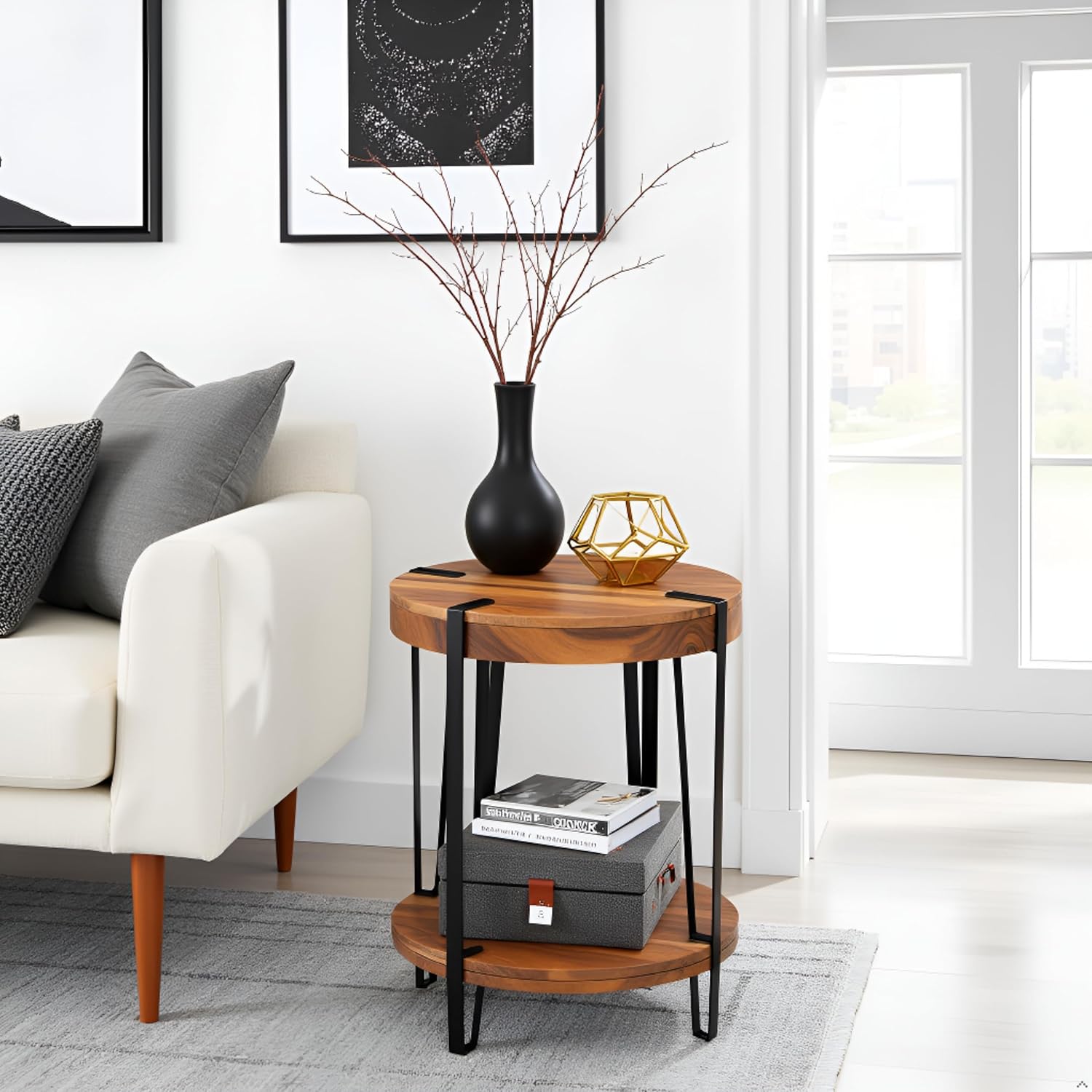 Ryegate 2-Tier Round Acacia Wood & Metal End Table with Bottom Shelf – Rustic Modern Accent Table with Live Edge, Natural Finish and Metal Straps for Living Room or Bedroom by Alaterre Furniture
