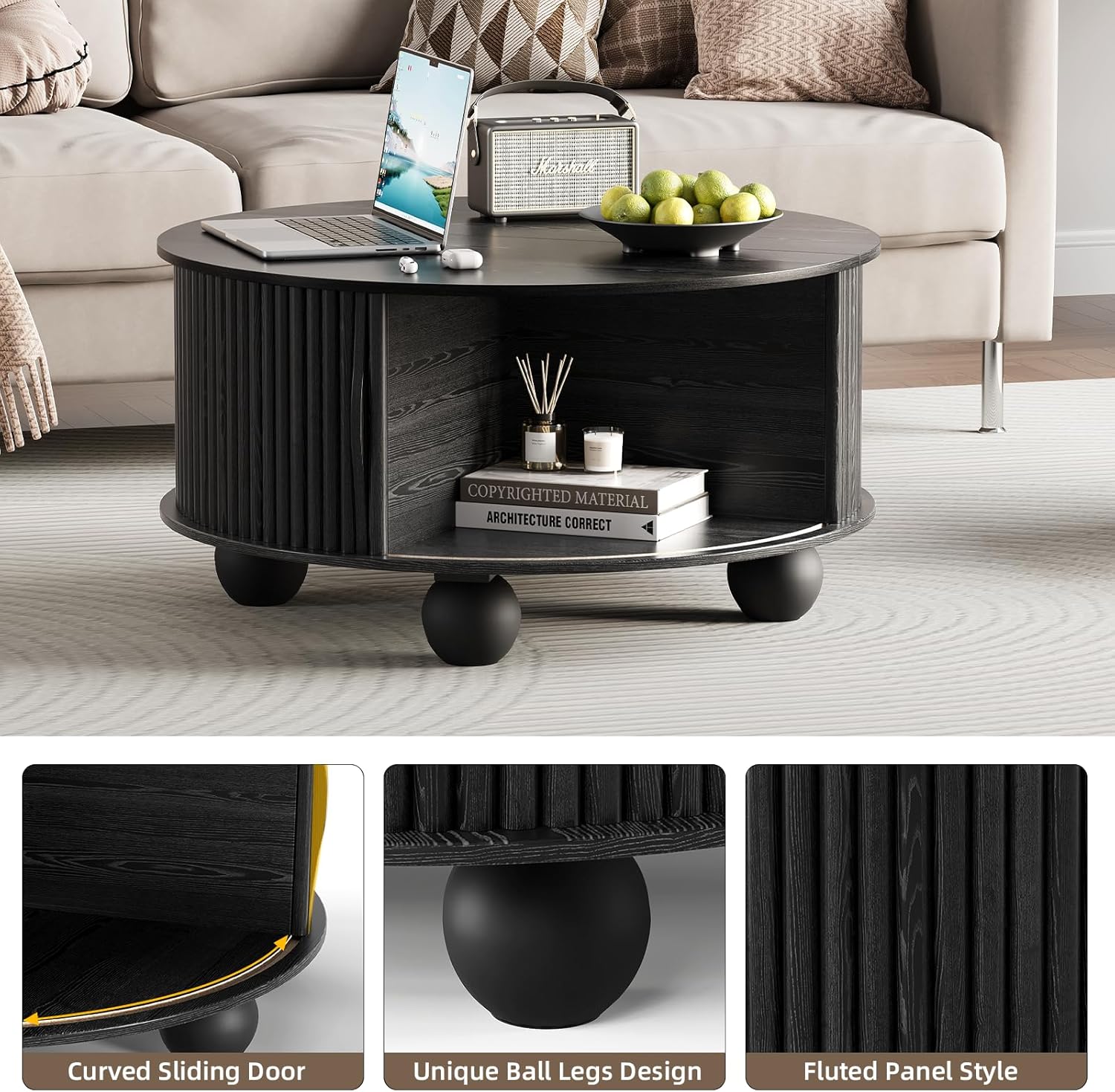 Round Coffee Table with Storage, 31.5' Mid Century Modern Coffee Table with Sliding Door & Bun Feet, Minimalist Fluted Center Table for Living Room, Home Small Space, Black