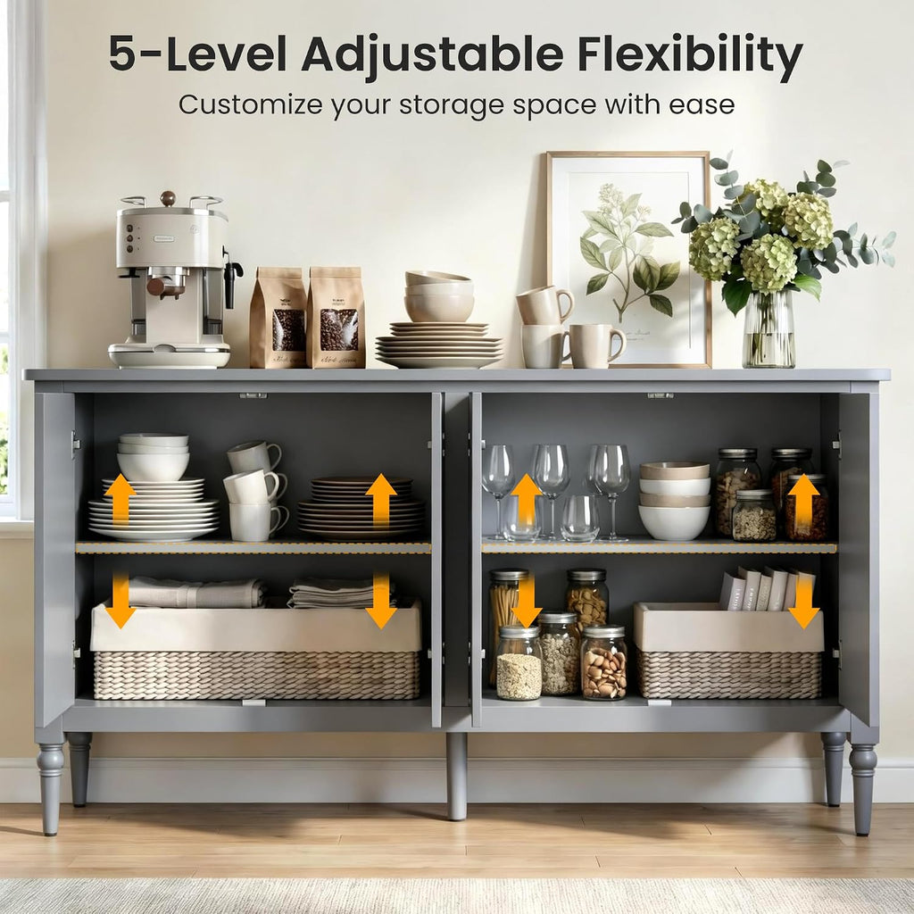 RoyalCraft Buffet Cabinet with Storage, 59' Vintage Sideboard with Adjustable Shelves, Mid Century Modern Painted Credenza Coffee Bar for Kitchen, Dining Room, Entryway, Living Room, Dove Gray