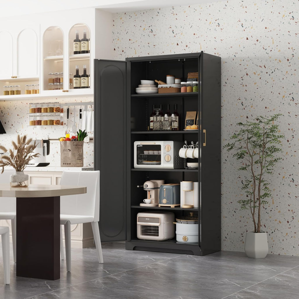 71' Tall Kitchen Pantry Cabinet and 4 Adjustable Shelves, Black Metal Storage Cabinet with Doors, 5-Tier Kitchen Storage Cabinets, Modern Large Cupboard for Home Office, Dining, Living Room