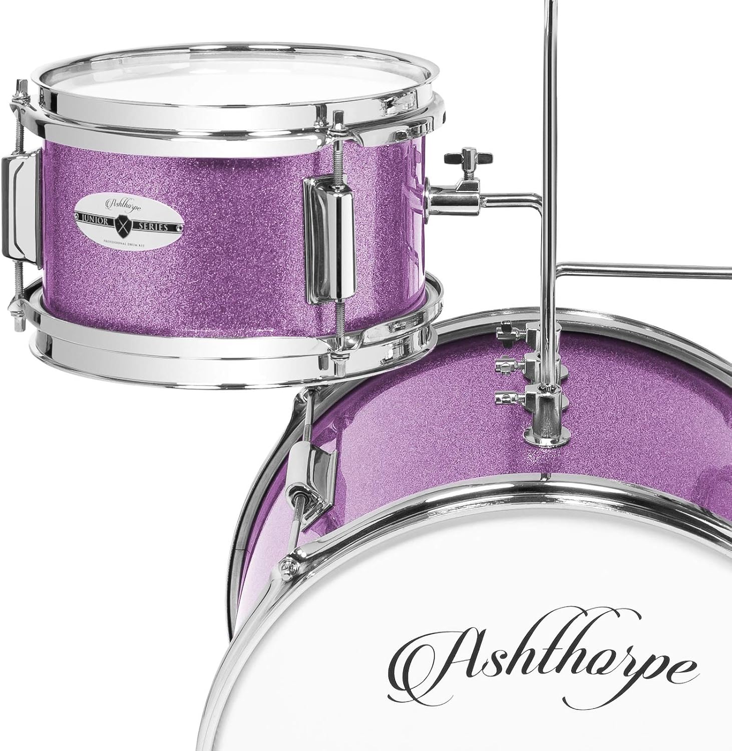 Ashthorpe 3-Piece Complete Drum Set - Beginner Kit with 14' Bass, Adjustable Throne, Cymbal, Pedal & Drumsticks - Purple