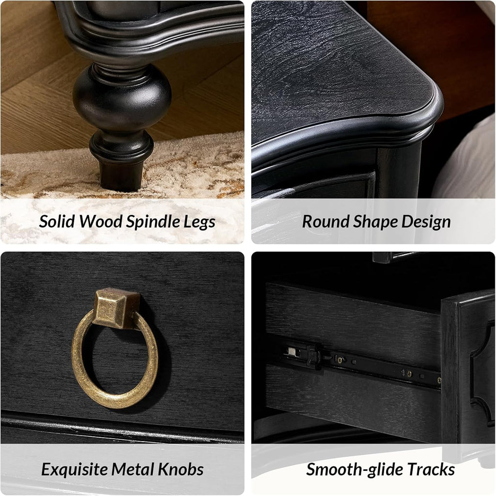 HULALA HOME Traditional Side Table with 3 Drawers, Tall Side Table with Curved Front Profle Desgin, Charging Station, Solid Wood Legs, Black