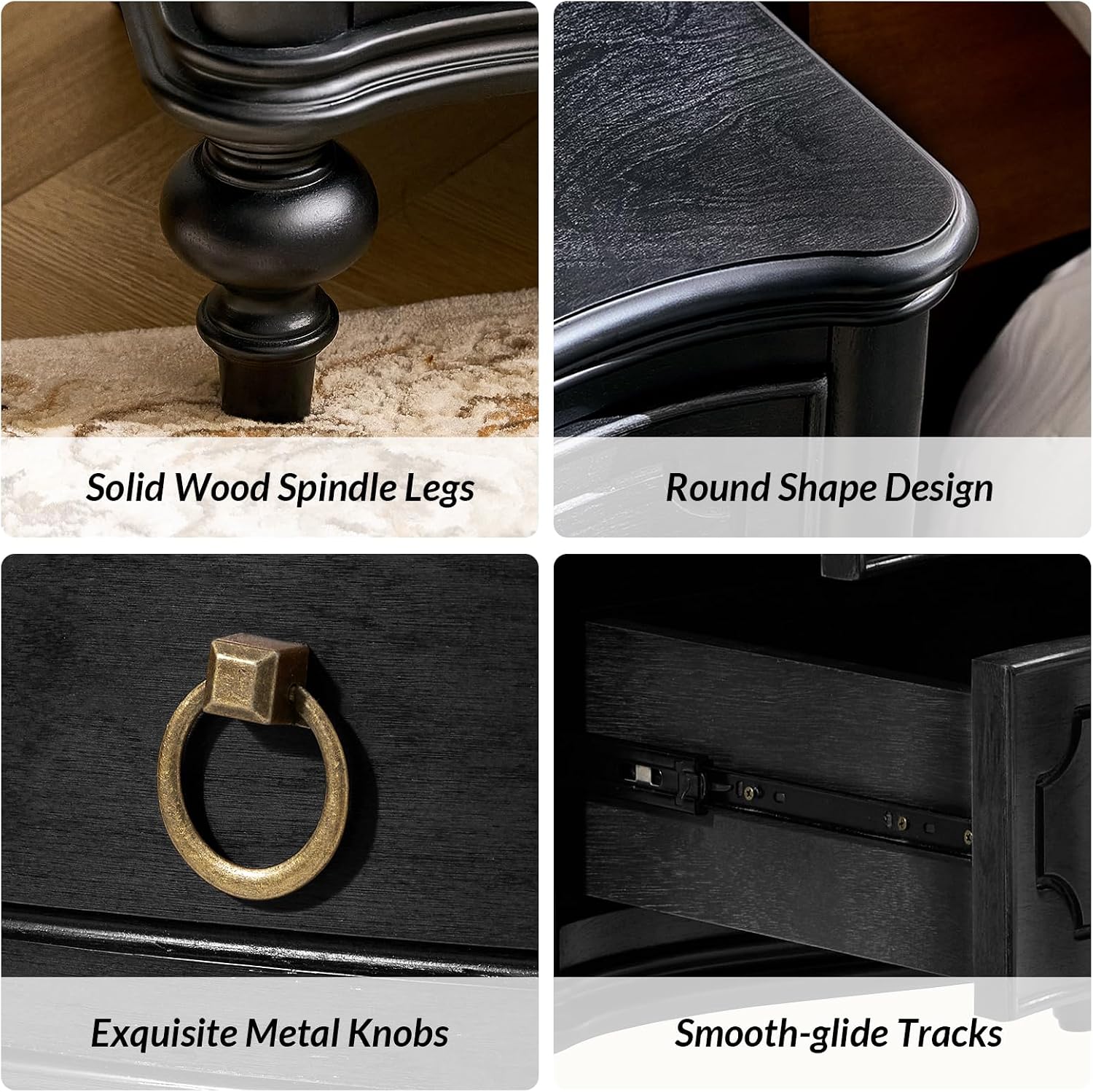 HULALA HOME Traditional Side Table with 3 Drawers, Tall Side Table with Curved Front Profle Desgin, Charging Station, Solid Wood Legs, Black