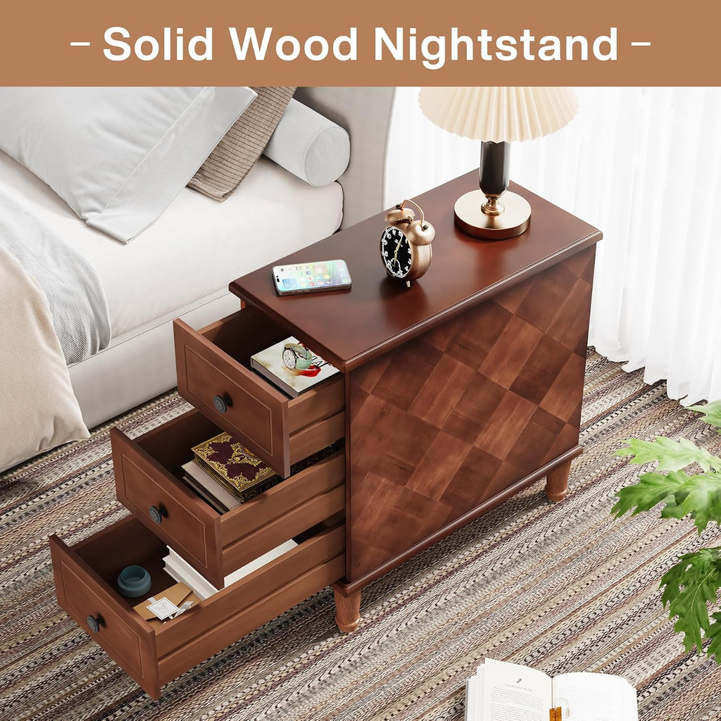Tribesigns Solid Wood End Table Set of 2, Fully Assembled Narrow Side Table with Drawers, Pre-Assembled Nightstand Slim Bedside Table for Small Spaces, Living Room, Bedroom, Brown