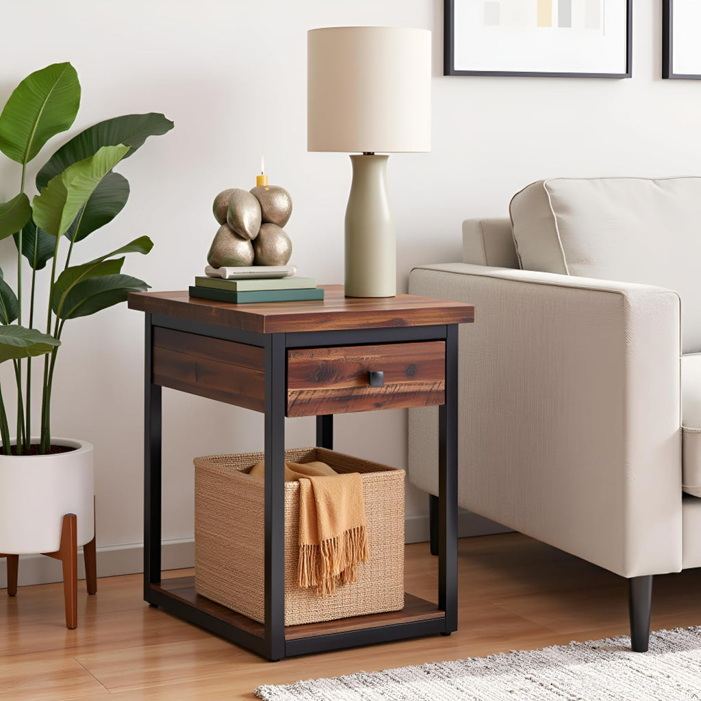 Claremont Rustic Solid Wood End Table with Drawer and Shelf – Farmhouse Accent or Nightstand with Natural Knots, Rough-Hewn Edges for Living Room or Bedroom by Alaterre Furniture (Dark Brown)