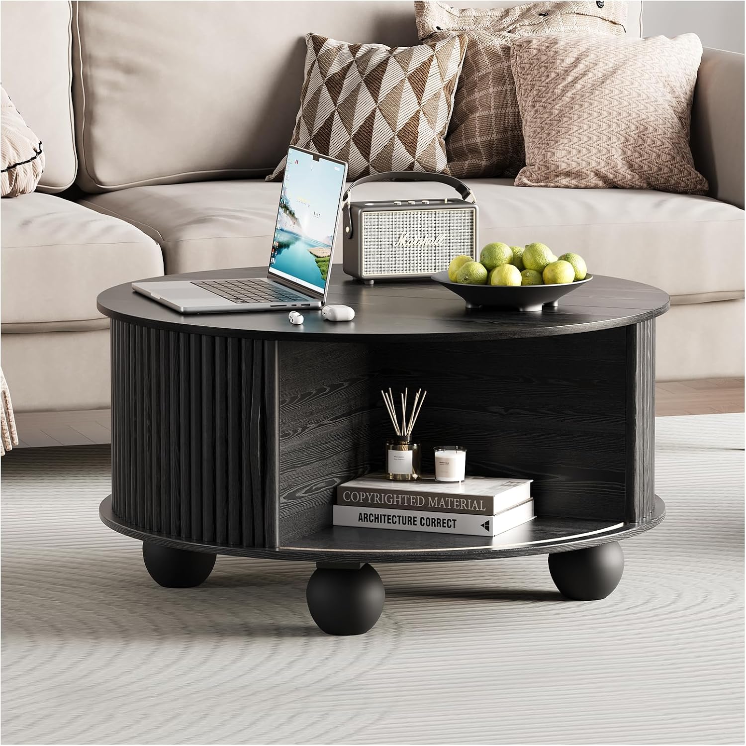 Round Coffee Table with Storage, 31.5' Mid Century Modern Coffee Table with Sliding Door & Bun Feet, Minimalist Fluted Center Table for Living Room, Home Small Space, Black